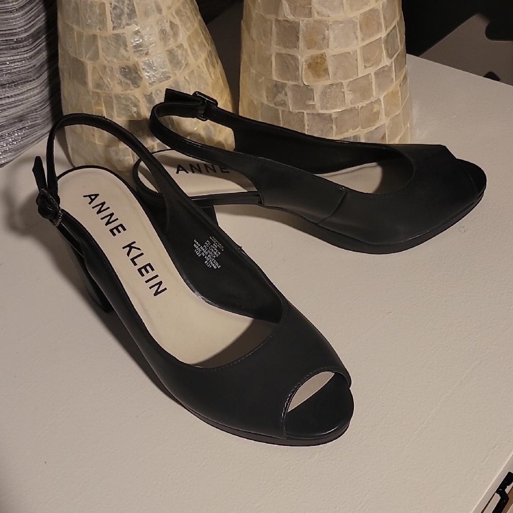 Anne Klein Black Peep-Toe Slingback Heels